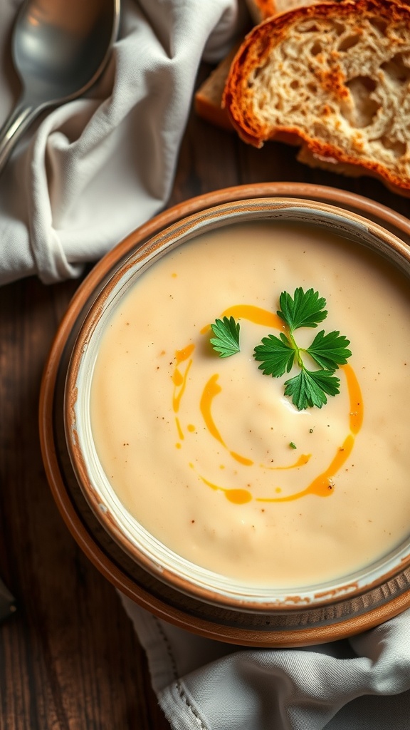 Creamy garlic soup in a bowl with parsley garnish and crusty bread on a wooden table.